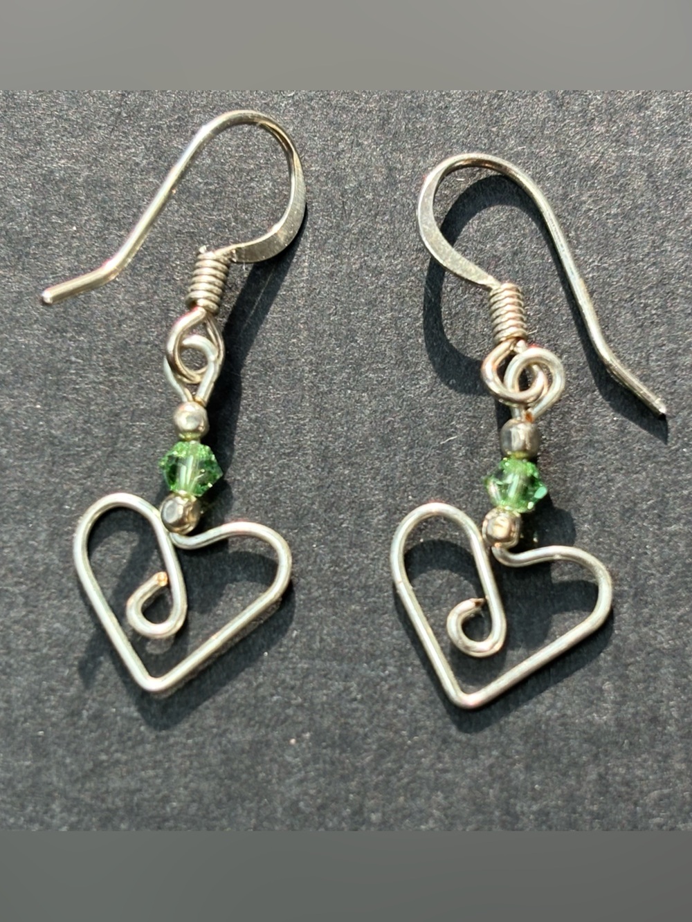 Silver-tone Heart Drop Earrings with Green Crystal Accent